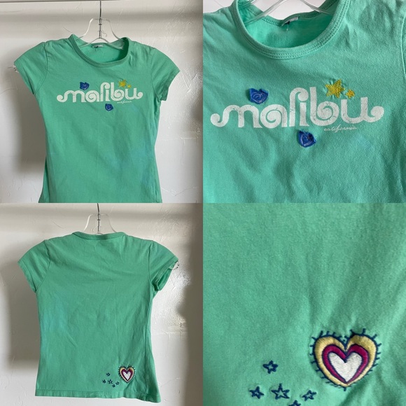 VINTAGE Y2K Little Girls Seafoam Applique Embroidered MALIBU TEE SHIRT Size S/M - Picture 2 of 6